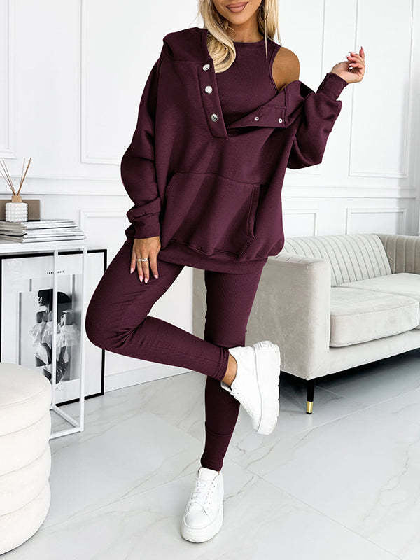Women’s Casual 3-Piece Sport Suit | Oversized Hoodie, Padded Vest, and Slim Tapered Pants.