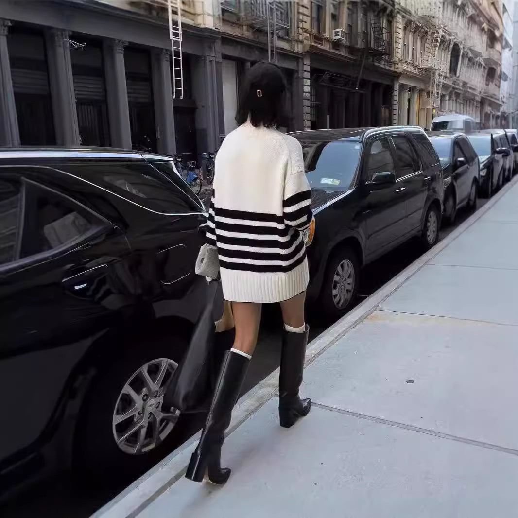 Black & White Striped Turtleneck Knit Sweater