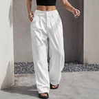 Women's High-Waist Vertical Stripe Trousers - Wide-Leg Straight Pants with Pockets