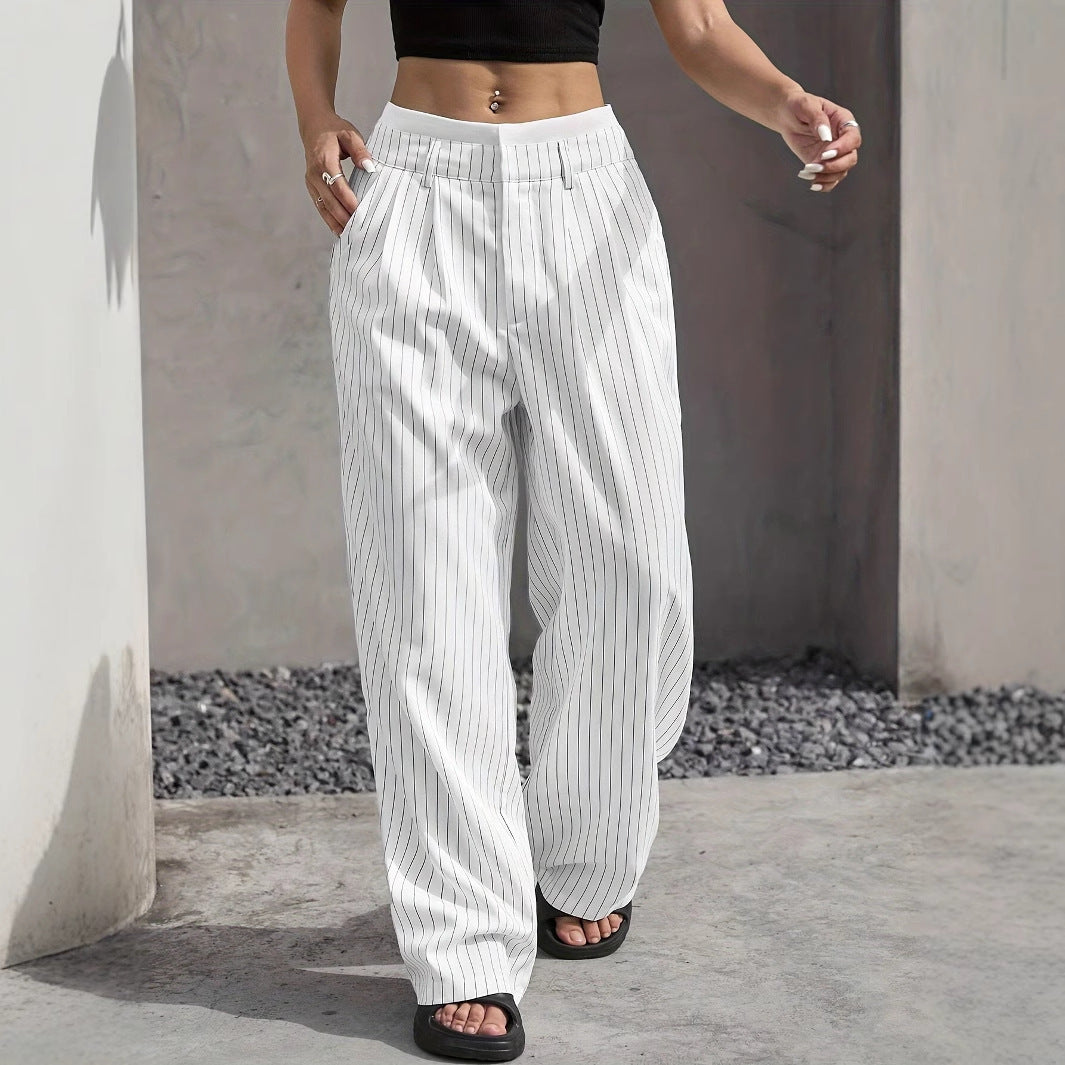 Women's High-Waist Vertical Stripe Trousers - Wide-Leg Straight Pants with Pockets