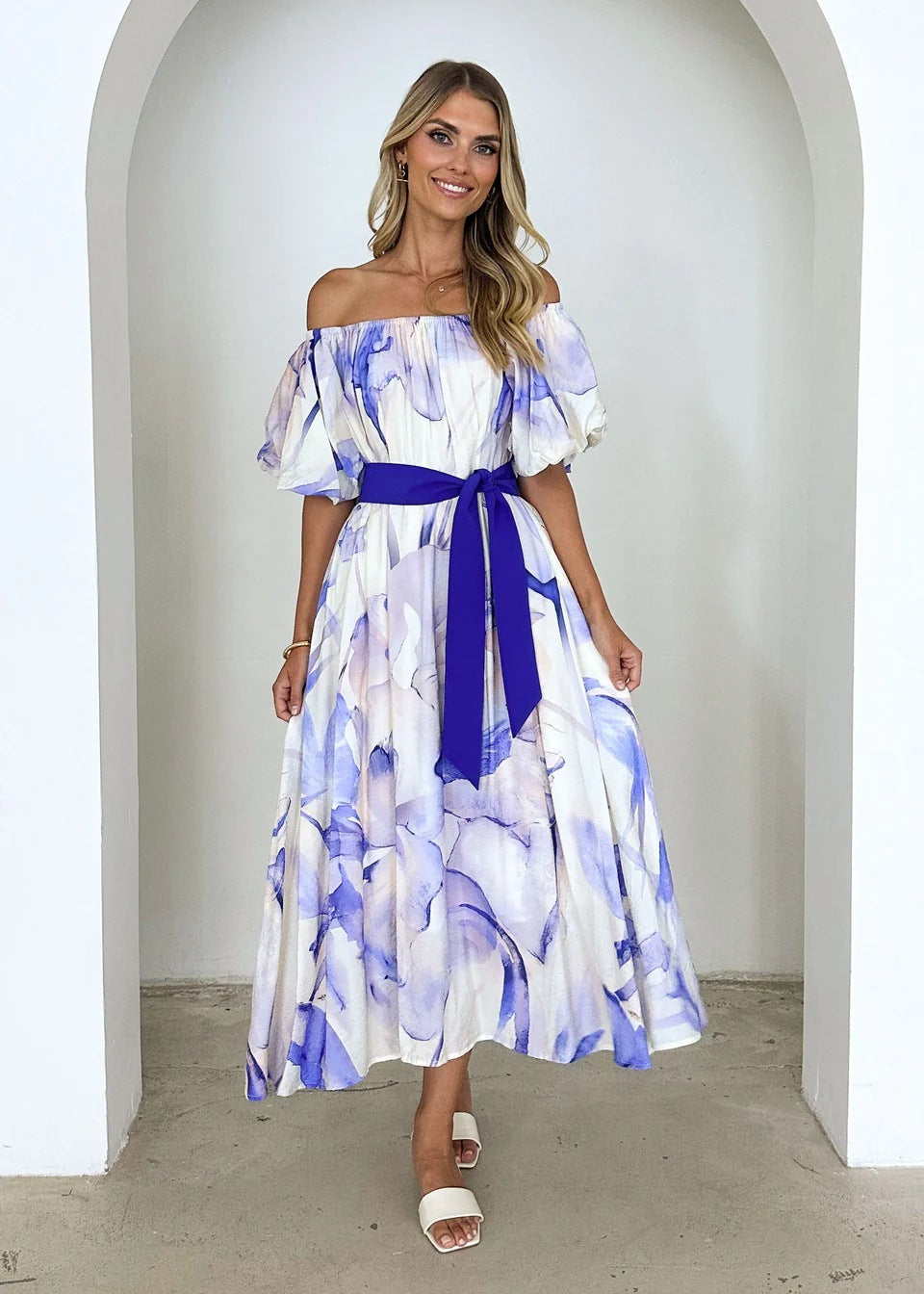 Off-the-shoulder floral maxi dress