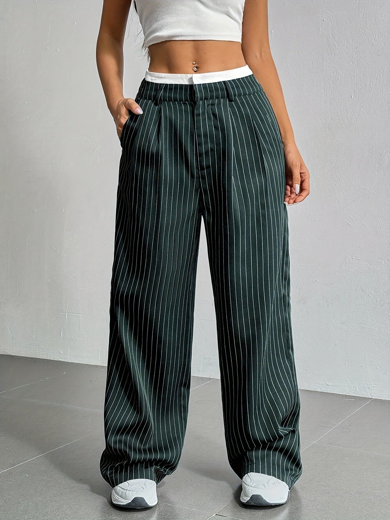 Women's High-Waist Vertical Stripe Trousers - Wide-Leg Straight Pants with Pockets