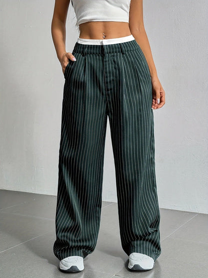 Women's High-Waist Vertical Stripe Trousers - Wide-Leg Straight Pants with Pockets