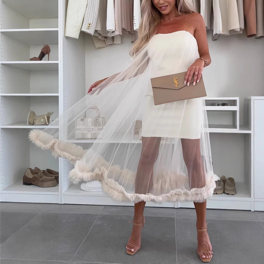 Strapless Mesh Overlay Midi Dress