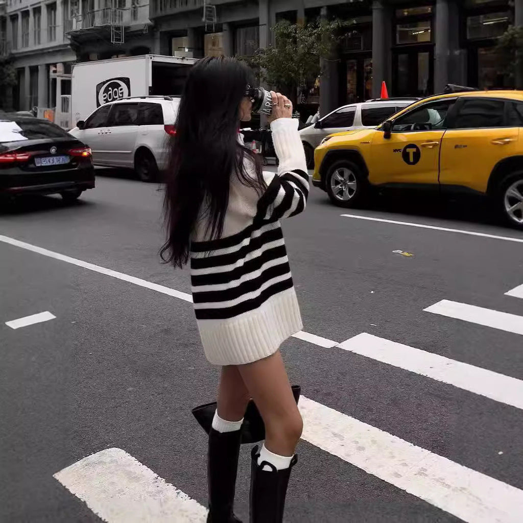 Black & White Striped Turtleneck Knit Sweater