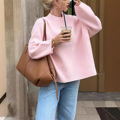 Women's Sweet Pink Crew Neck Winter Pullover - Oversized Loose-Fit Knit Sweater - Casual Drop Shoulder Top