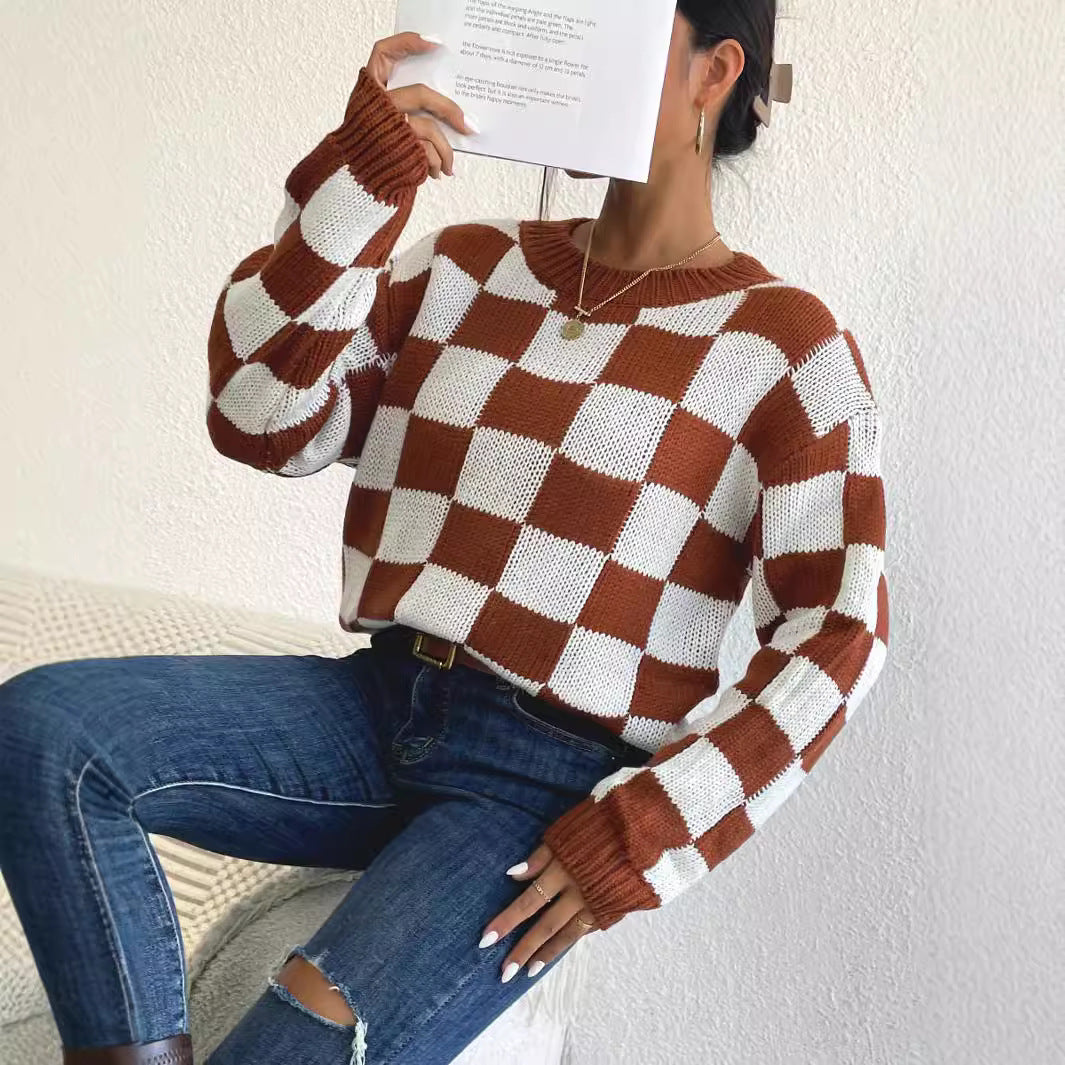 Checkerboard Color-Block Knit Sweater - Oversized Loose Fit Pullover