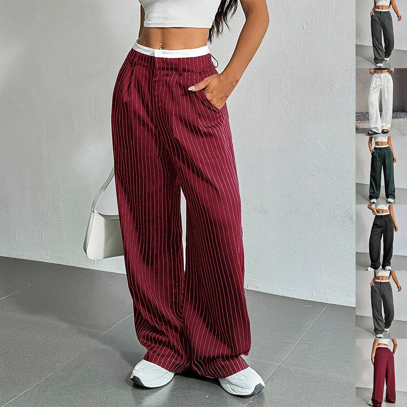 Women's High-Waist Vertical Stripe Trousers - Wide-Leg Straight Pants with Pockets