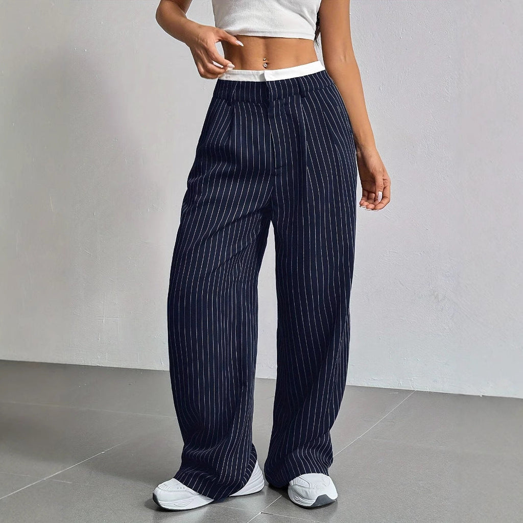 Women's High-Waist Vertical Stripe Trousers - Wide-Leg Straight Pants with Pockets