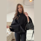 Elegant Women's Belted Woolen Cape Jacket - Slim Fit High Neck Poncho Coat