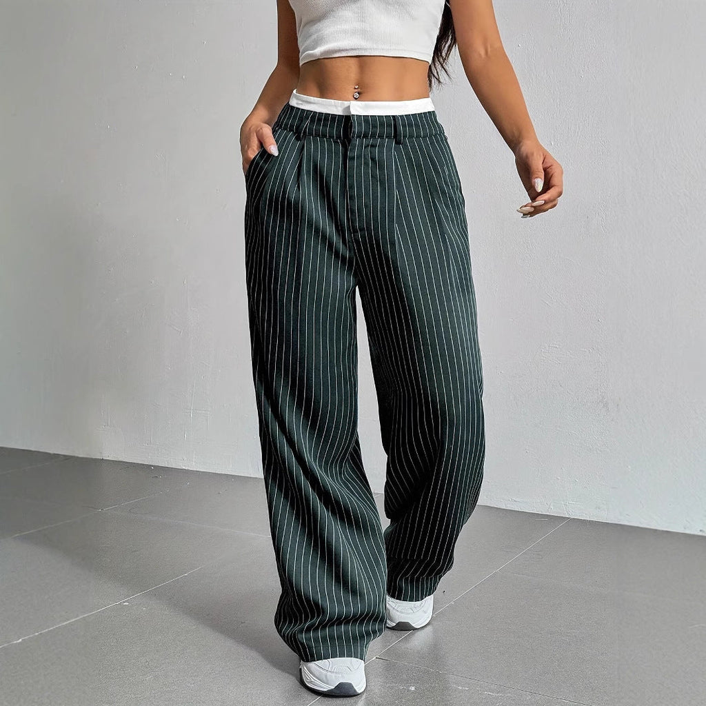 Women's High-Waist Vertical Stripe Trousers - Wide-Leg Straight Pants with Pockets