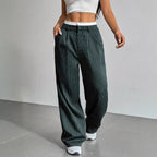 Women's High-Waist Vertical Stripe Trousers - Wide-Leg Straight Pants with Pockets