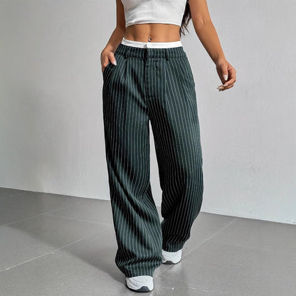 Women's High-Waist Vertical Stripe Trousers - Wide-Leg Straight Pants with Pockets
