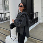 Women's Knitted Winter Cardigan - Elegant Short Coat with Asymmetrical Scarf Collar