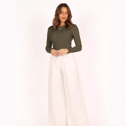 Women's Ribbed Round Neck Slim-Fit Top - Long Sleeve Lettuce Trim Tee - Multiple Colors