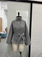 Elegant Women's Belted Woolen Cape Jacket - Slim Fit High Neck Poncho Coat