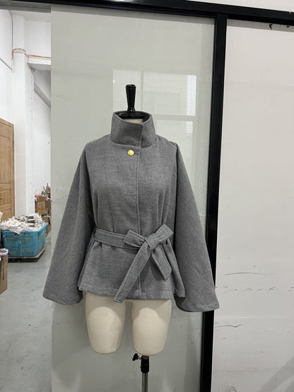 Elegant Women's Belted Woolen Cape Jacket - Slim Fit High Neck Poncho Coat