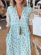 Women's bohemian V-Neck Puff  Sleeve Summer Dress