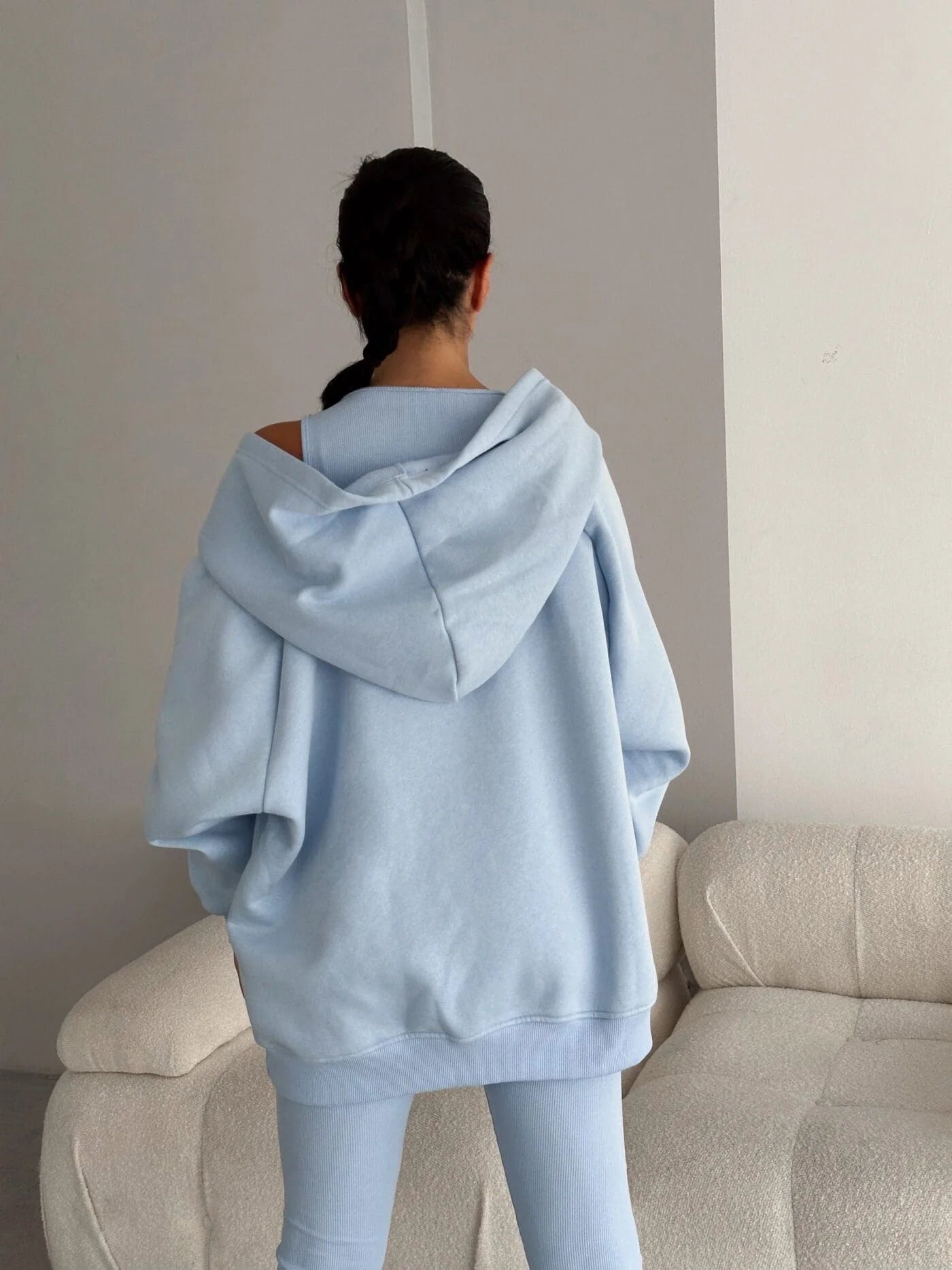 Women’s Casual 3-Piece Sport Suit | Oversized Hoodie, Padded Vest, and Slim Tapered Pants.