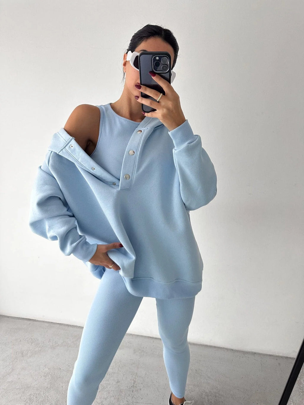 Women’s Casual 3-Piece Sport Suit | Oversized Hoodie, Padded Vest, and Slim Tapered Pants.