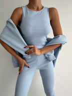 Women’s Casual 3-Piece Sport Suit | Oversized Hoodie, Padded Vest, and Slim Tapered Pants.