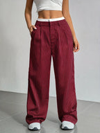 Women's High-Waist Vertical Stripe Trousers - Wide-Leg Straight Pants with Pockets
