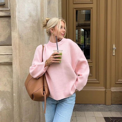Women's Sweet Pink Crew Neck Winter Pullover - Oversized Loose-Fit Knit Sweater - Casual Drop Shoulder Top