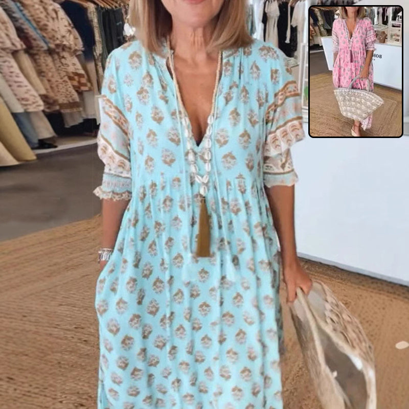 Women's bohemian V-Neck Puff  Sleeve Summer Dress
