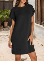 Round Neck Cuff Curling Short Sleeve Pocket Dress