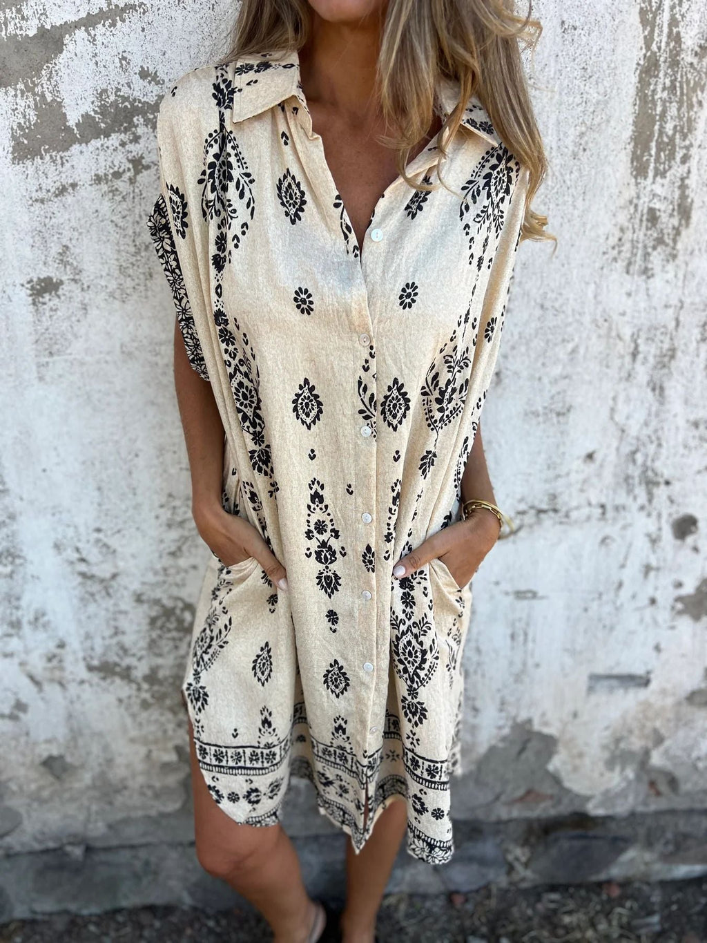 Ethnic Print Sleeveless Shirt Dress