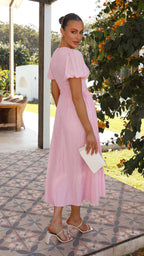 Long V-neck dress with puffed sleeves
