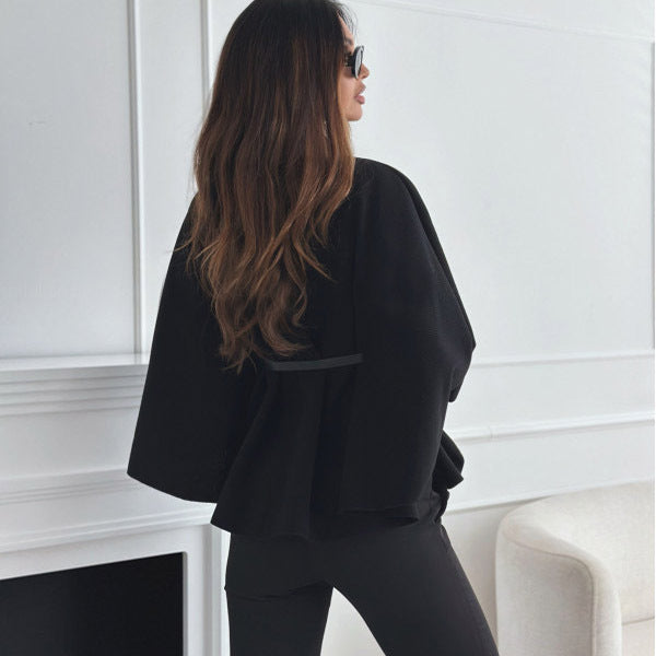 Women's Elegant Woolen Cloak Top - High-Neck Batwing Sleeve Cape Jacket with Adjustable Belt