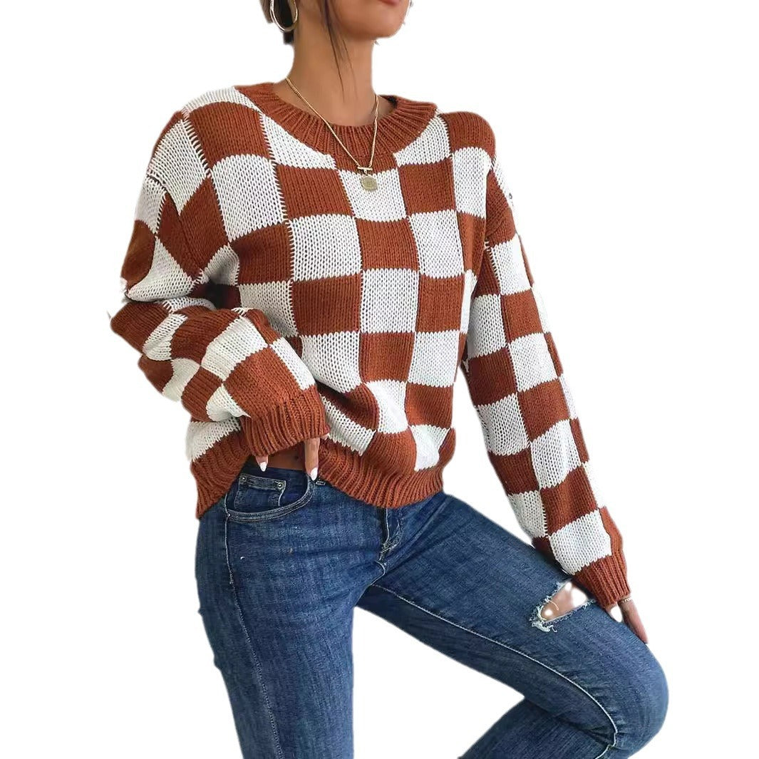 Checkerboard Color-Block Knit Sweater - Oversized Loose Fit Pullover