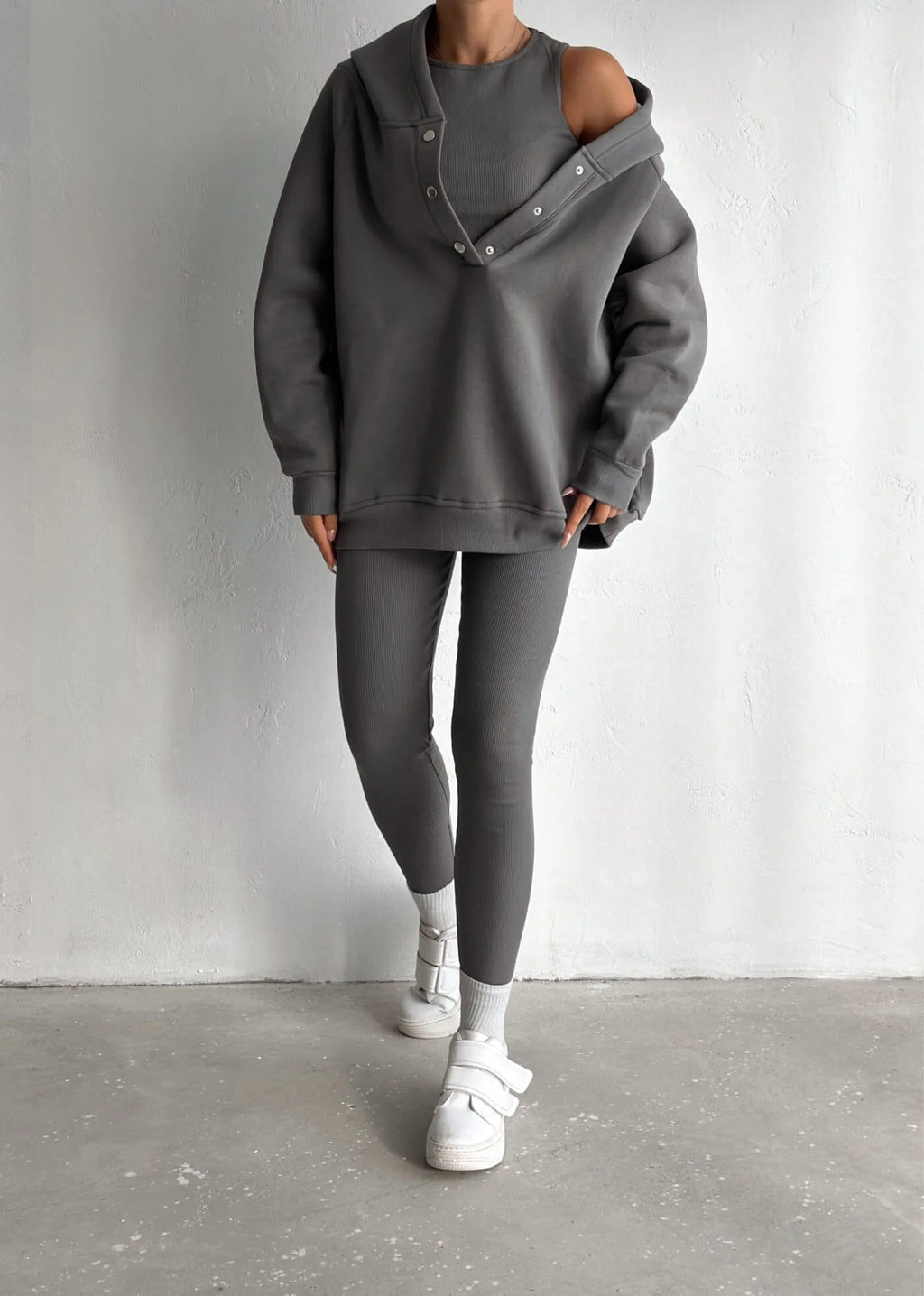 Women’s Casual 3-Piece Sport Suit | Oversized Hoodie, Padded Vest, and Slim Tapered Pants.