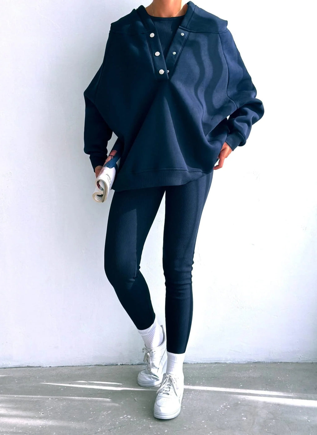 Women’s Casual 3-Piece Sport Suit | Oversized Hoodie, Padded Vest, and Slim Tapered Pants.