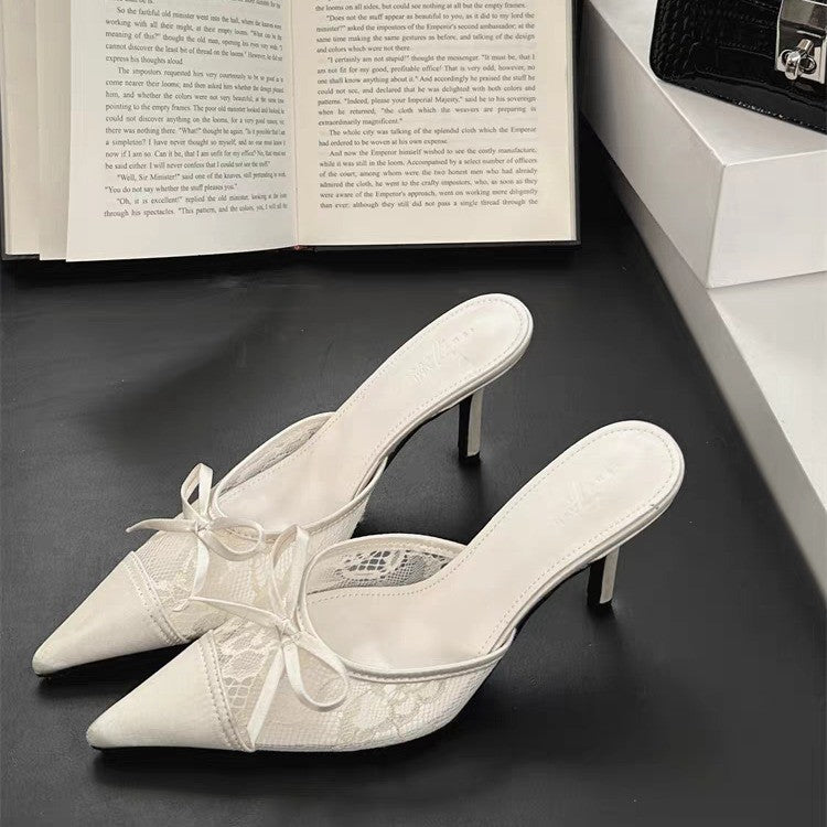 Women's Lace Pointed Toe Bowknot High Heels