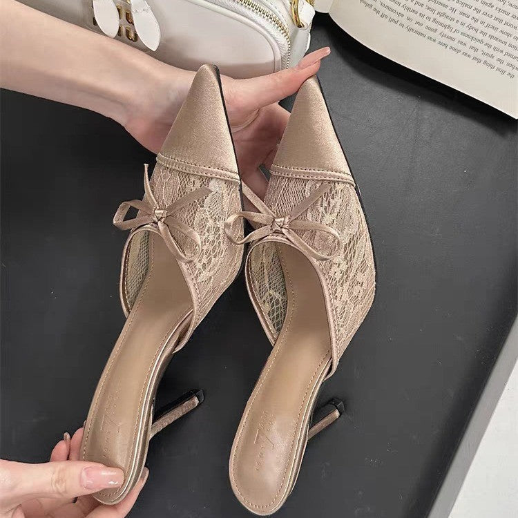 Women's Lace Pointed Toe Bowknot High Heels