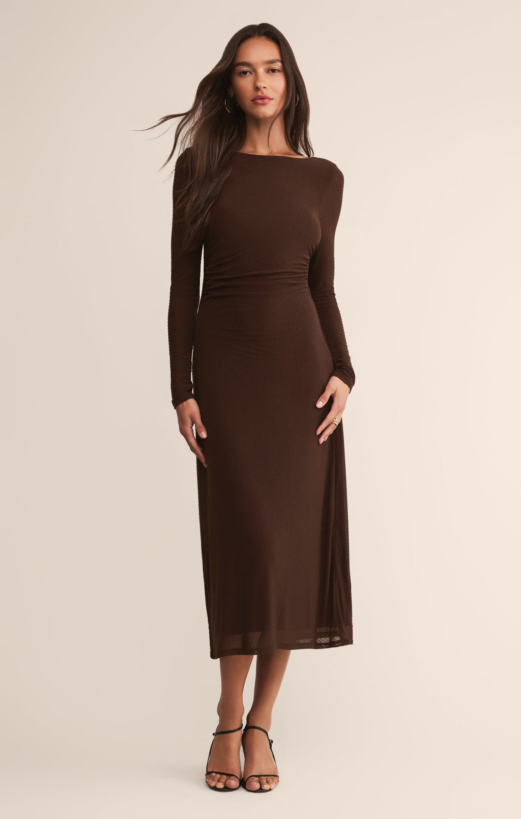 Robe midi en maille plumetis Spellbound – Robe ajustée à manches longues et superposition transparente pour femme