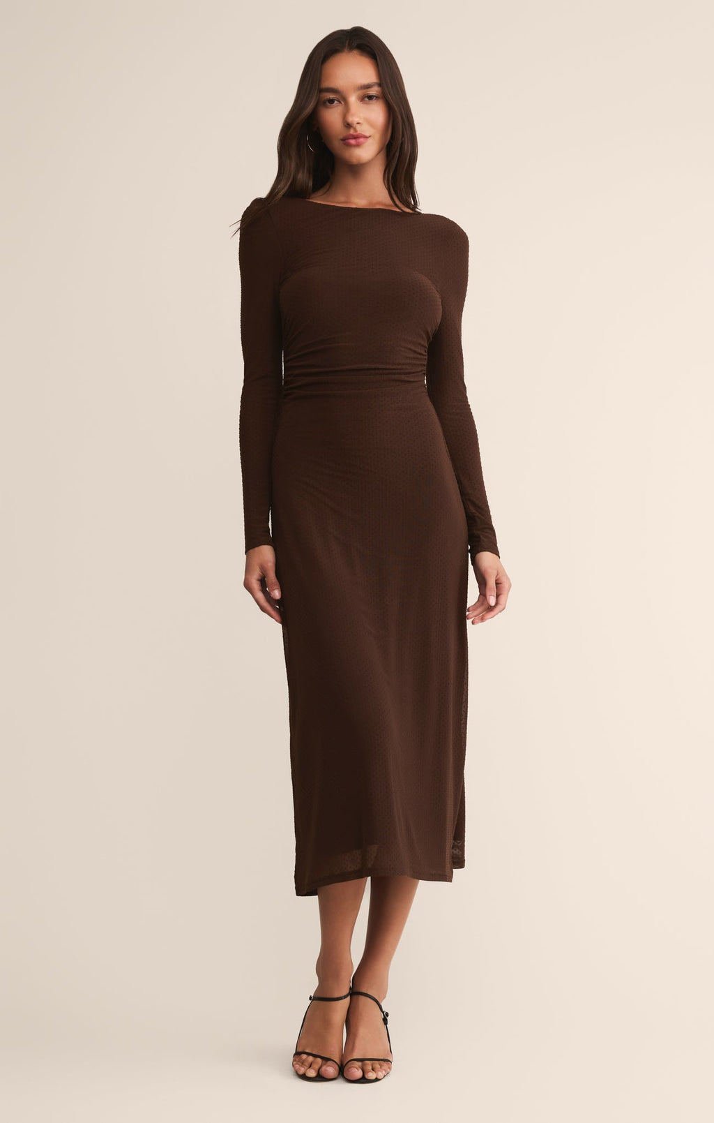 Robe midi en maille plumetis Spellbound – Robe ajustée à manches longues et superposition transparente pour femme