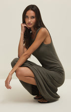 Robe longue côtelée Linden Slub - Robe sans manches légère évasée pour femme
