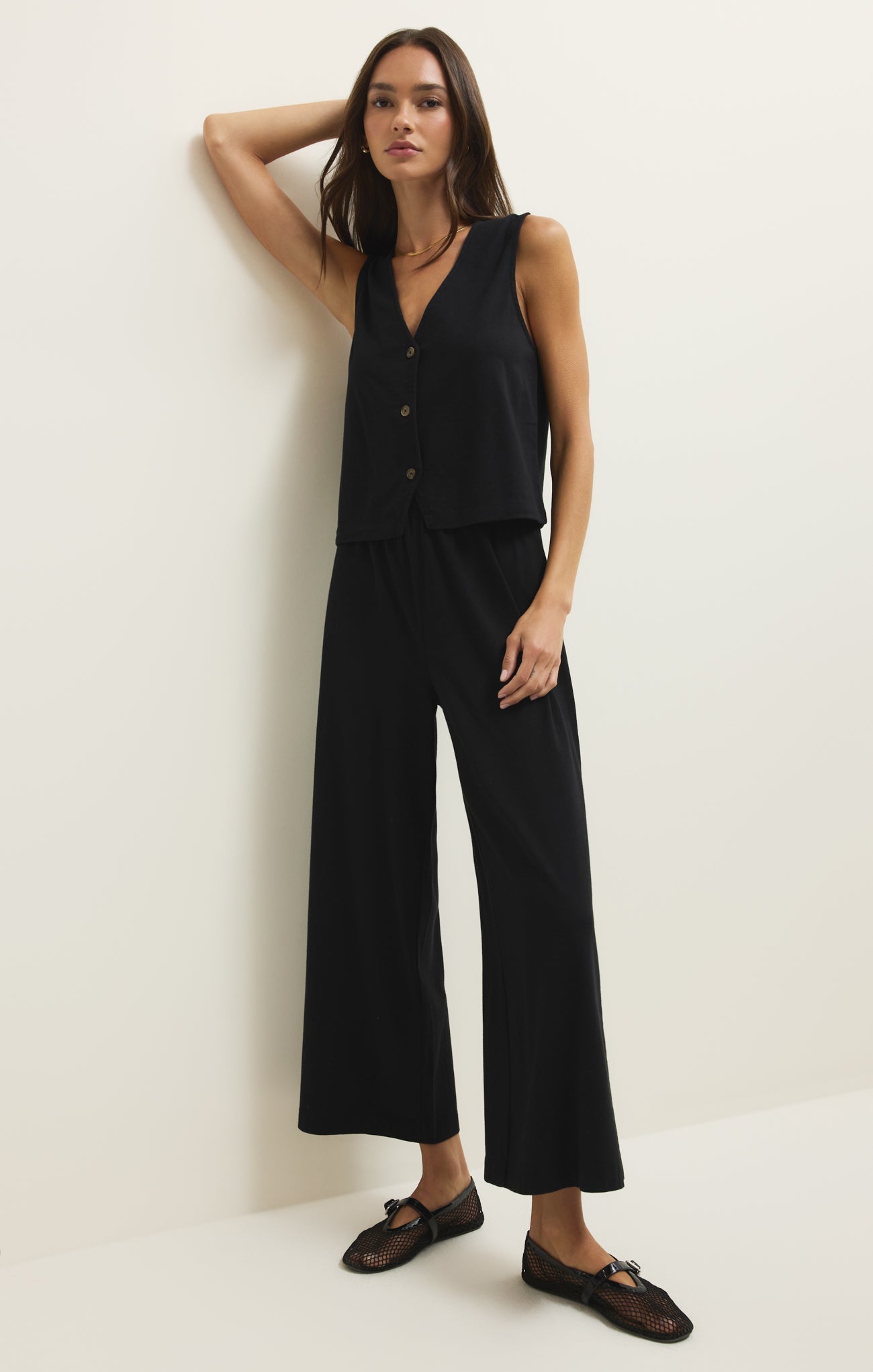 Haut sans manches Noelle Jersey - Débardeur 100 % coton avec col en V boutonné et délavage minéral pour femme