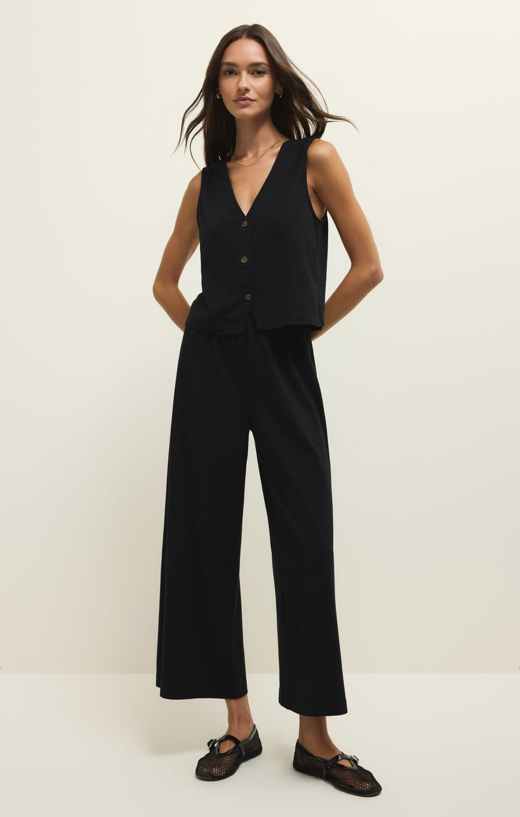 Haut sans manches Noelle Jersey - Débardeur 100 % coton avec col en V boutonné et délavage minéral pour femme