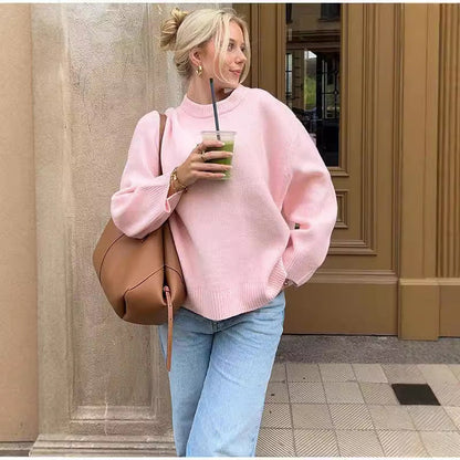 Women's Sweet Pink Crew Neck Winter Pullover - Oversized Loose-Fit Knit Sweater - Casual Drop Shoulder Top