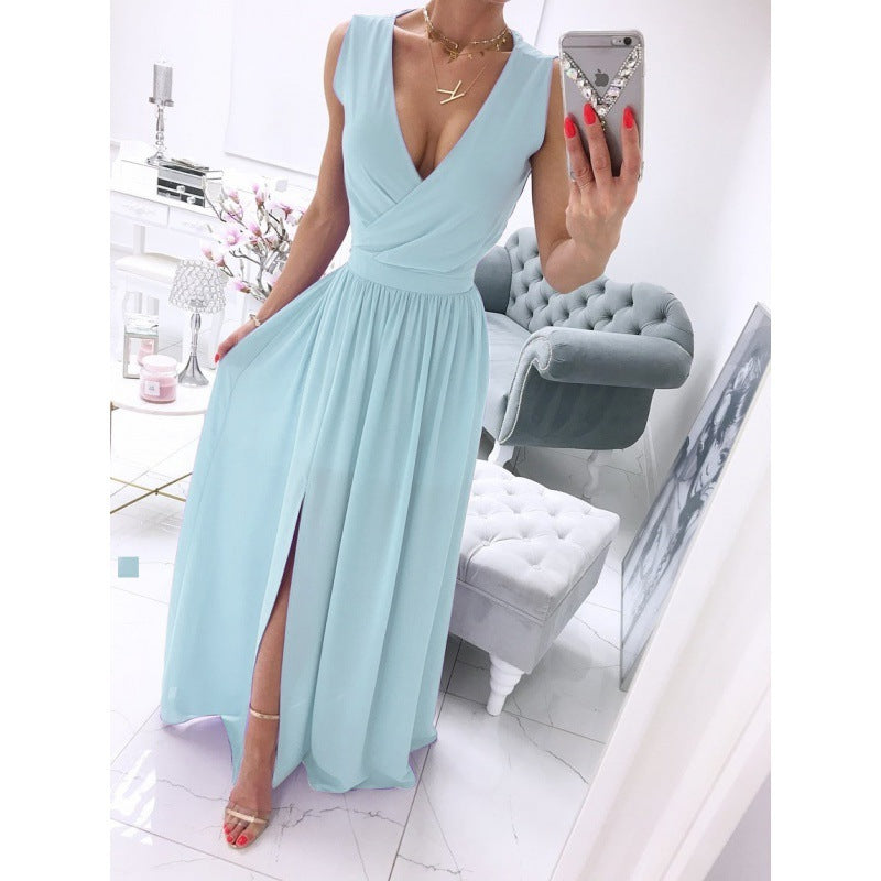 Elegant White V-Neck Maxi Dress with Front Slit
