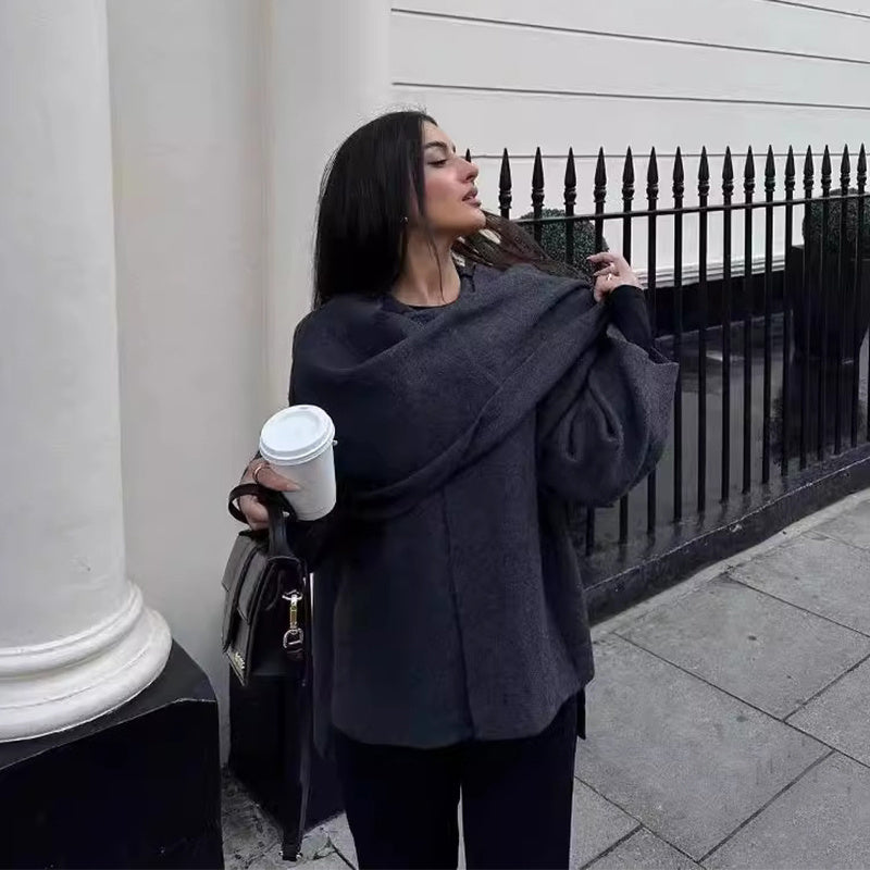 Women's Knitted Winter Cardigan - Elegant Short Coat with Asymmetrical Scarf Collar