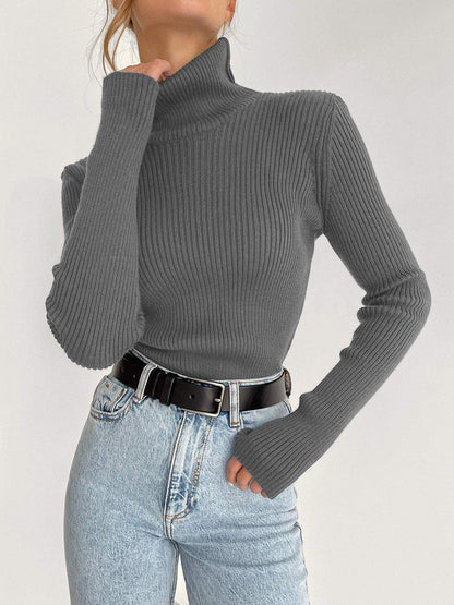 Women's Premium Ribbed Turtleneck Sweater - Slim Fit Long Sleeve Knit Pullover