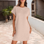 Round Neck Cuff Curling Short Sleeve Pocket Dress