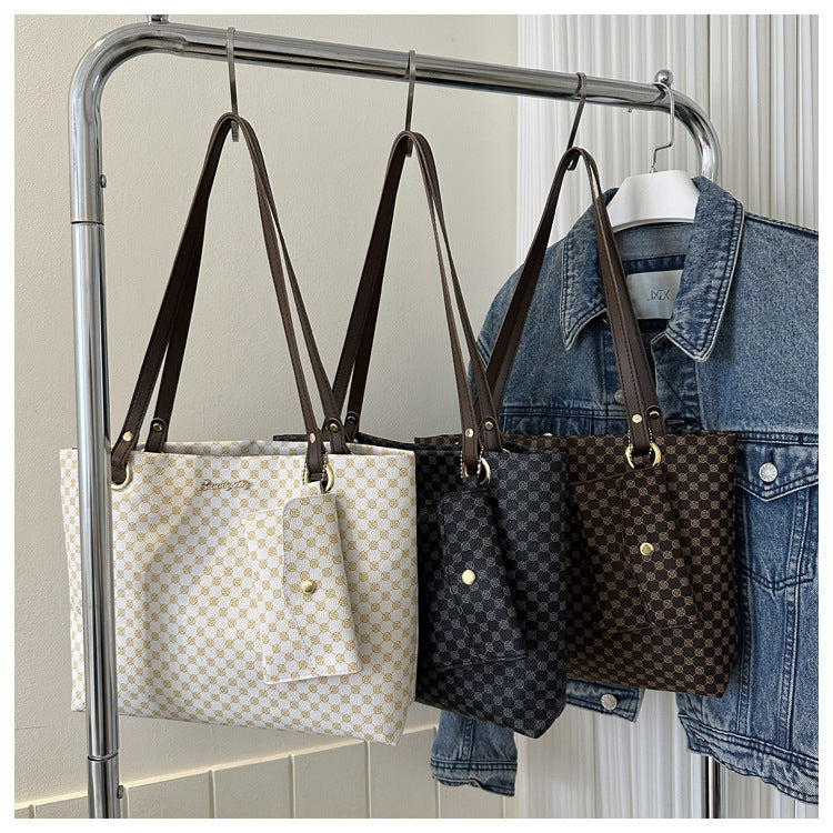 Vintage Checkered Large Capacity Shoulder Tote Bag