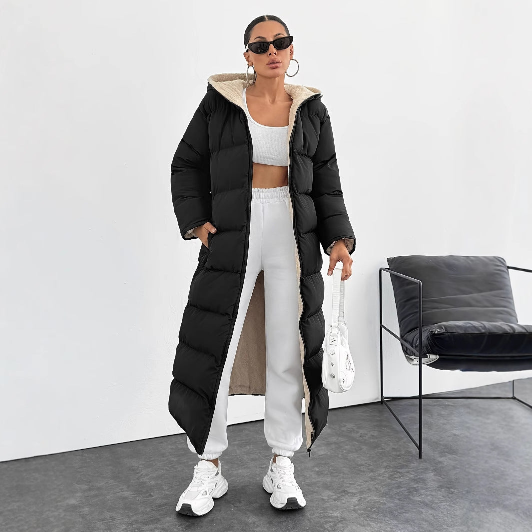 long puffer coat with a hood