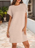 Round Neck Cuff Curling Short Sleeve Pocket Dress